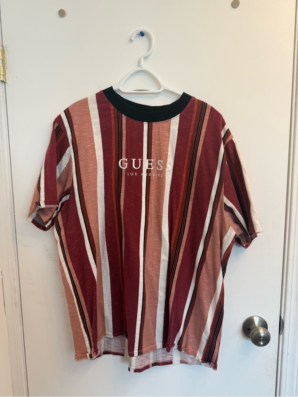 Guess Men's Burgundy and Cream Vertical Stripe Logo Tee